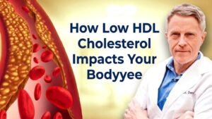 Medical diagram explaining the effects of low HDL cholesterol on the body