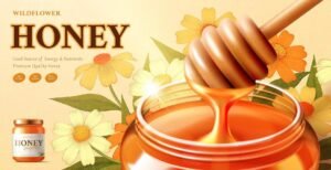 Wildflower honey in a glass jar with natural flowers and honey dipper