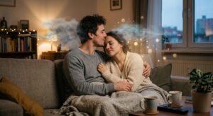 Couple sharing a kiss to relieve stress and improve emotional well-being